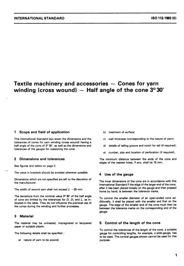 ISO 112:1983 - Textile machinery and accessories -- Cones for yarn winding (cross wound) -- Half angle of the cone 3 degrees 30'