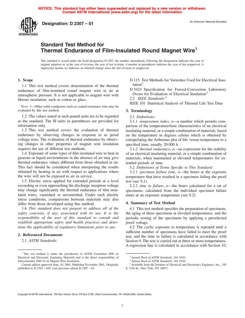 ASTM D2307-01 - Standard Test Method for Thermal Endurance of Film-Insulated Round Magnet Wire