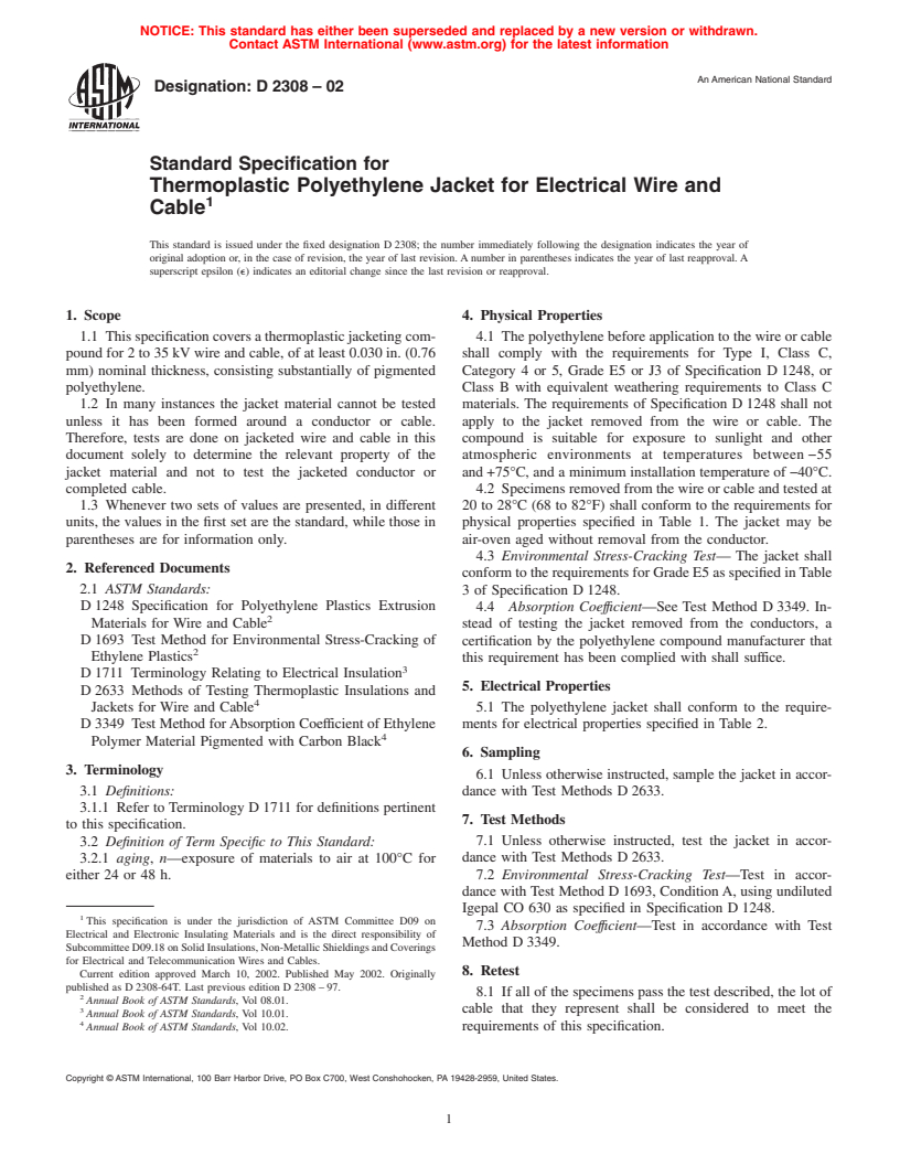 ASTM D2308-02 - Standard Specification for Thermoplastic Polyethylene Jacket for Electrical Wire and Cable