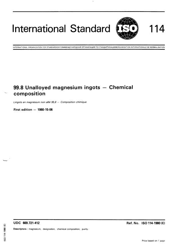 ISO 114:1980 - 99.8 Unalloyed magnesium ingots -- Chemical composition