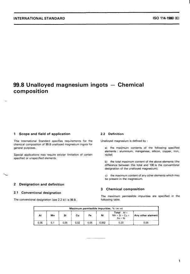 ISO 114:1980 - 99.8 Unalloyed magnesium ingots -- Chemical composition