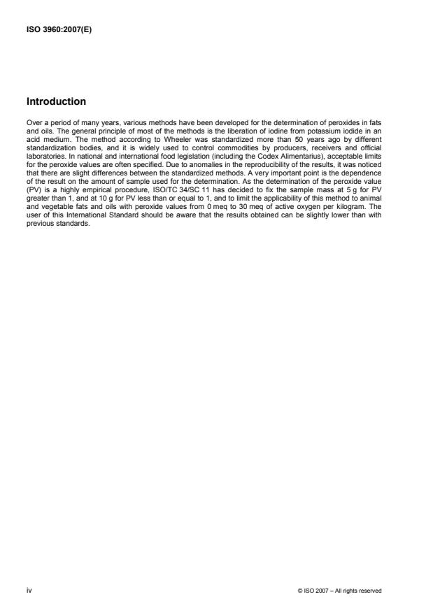 ISO 3960:2007 ISO 3960:2007 - Animal and vegetable fats and oils -- Determination of peroxide value -- Iodometric (visual) endpoint determination - Page 4 preview