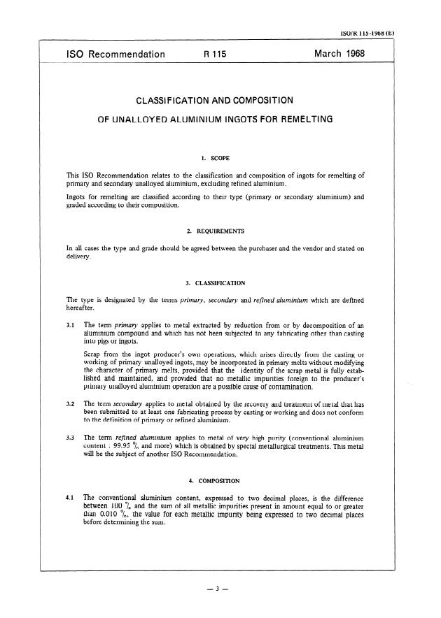 ISO/R 115:1968 - Classification and composition of unalloyed aluminium ingots for remelting