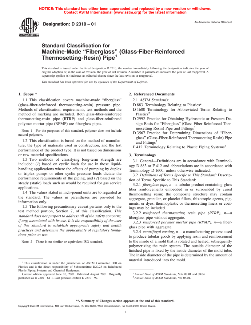 ASTM D2310-01 - Standard Classification for Machine-Made "Fiberglass" (Glass-Fiber-Reinforced Thermosetting-Resin) Pipe