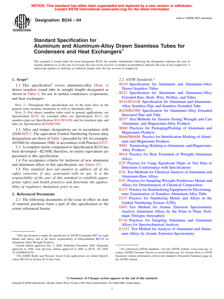 ASTM B234-04 - Standard Specification for Aluminum and Aluminum-Alloy Drawn Seamless Tubes for Condensers and Heat Exchangers