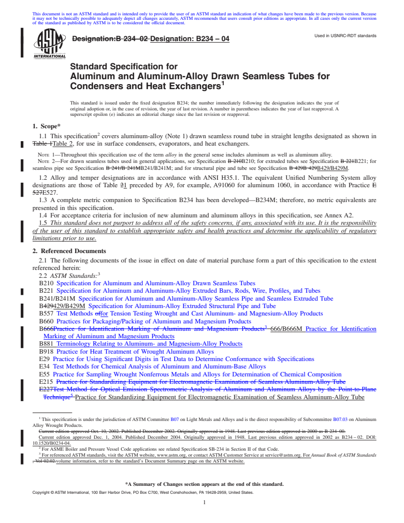 REDLINE ASTM B234-04 - Standard Specification for Aluminum and Aluminum-Alloy Drawn Seamless Tubes for Condensers and Heat Exchangers