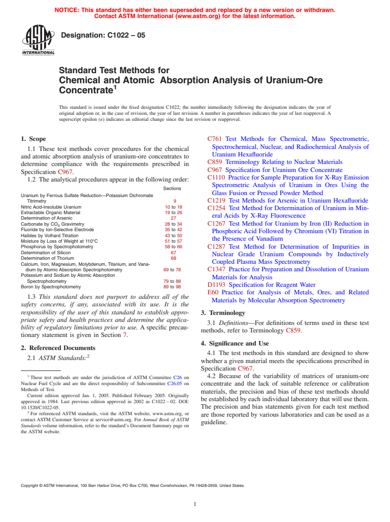 ASTM C1022-05 - Standard Test Methods for Chemical and Atomic Absorption Analysis of Uranium-Ore Concentrate