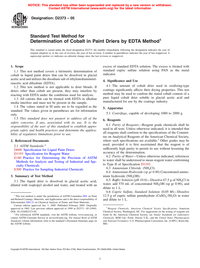 ASTM D2373-05 - Standard Test Method for Determination of Cobalt in Paint Driers by EDTA Method