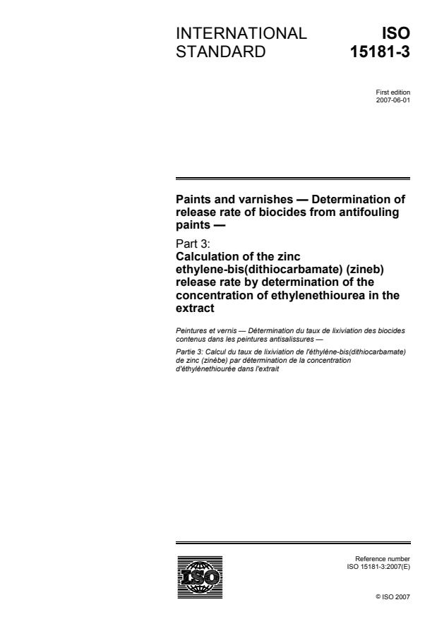 ISO 15181-3:2007 - Paints and varnishes -- Determination of release rate of biocides from antifouling paints