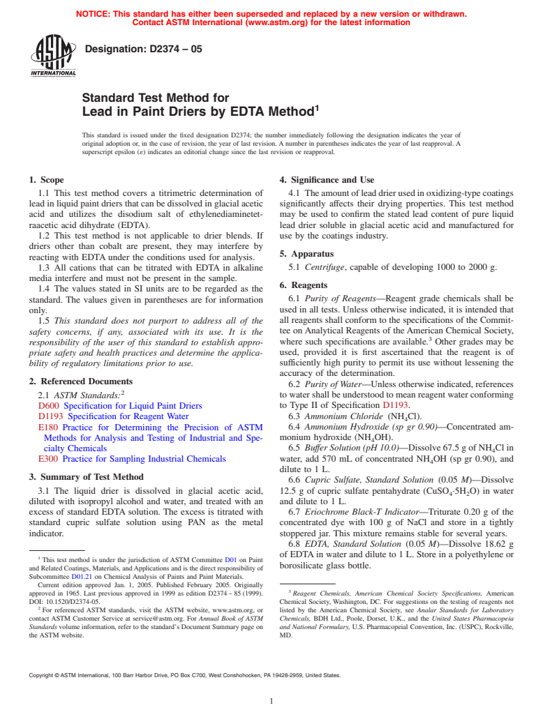 ASTM D2374-05 - Standard Test Method for Lead in Paint Driers by EDTA Method