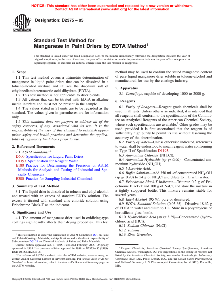 ASTM D2375-05 - Standard Test Method for Manganese in Paint Driers by EDTA Method