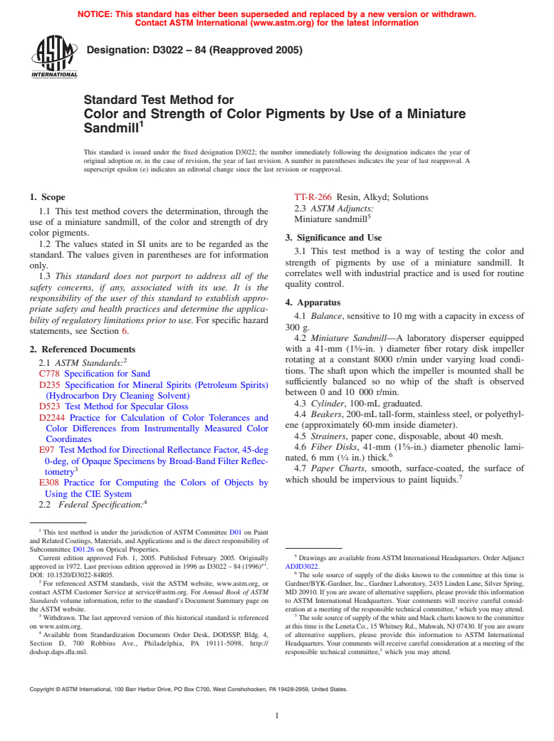 ASTM D3022-84(2005) - Standard Test Method for Color and Strength of Color Pigments by Use of a Miniature Sandmill