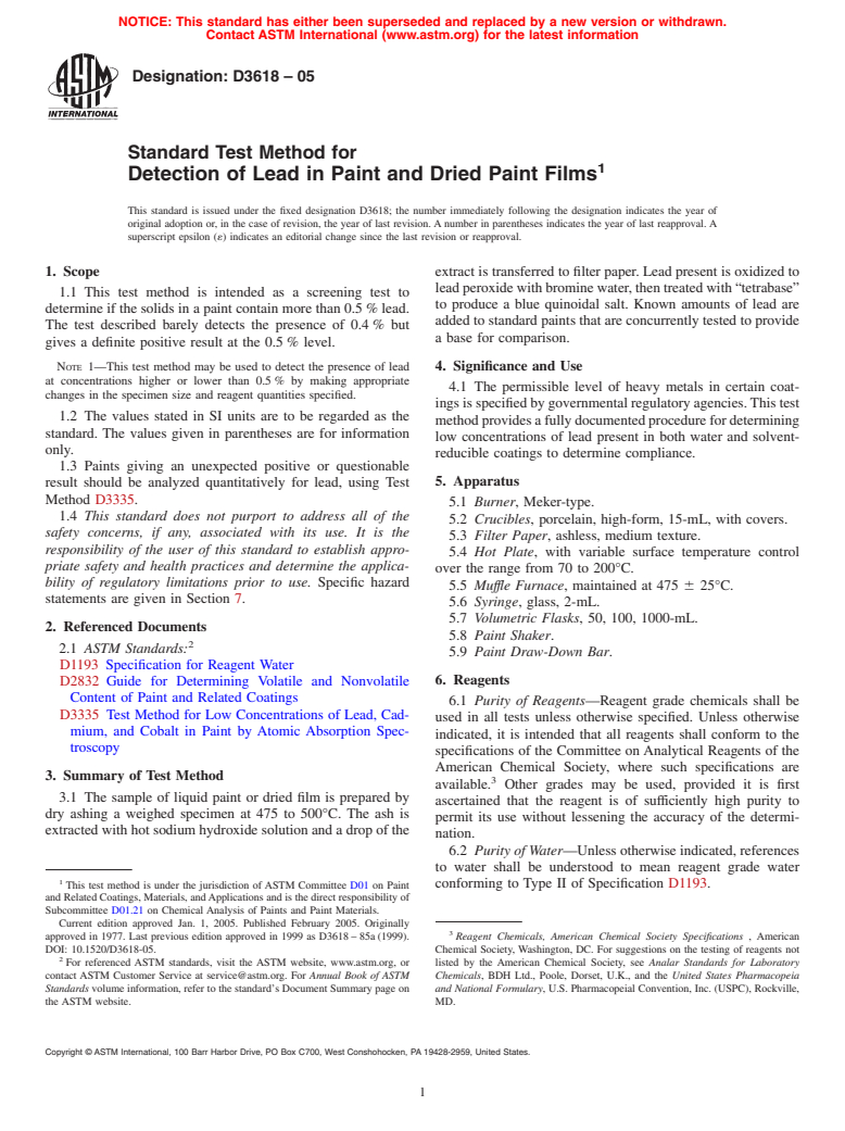ASTM D3618-05 - Standard Test Method for Detection of Lead in Paint and Dried Paint Films