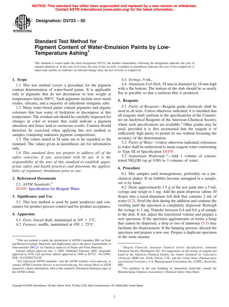 ASTM D3723-05 - Standard Test Method for Pigment Content of Water-Emulsion Paints by Low-Temperature Ashing