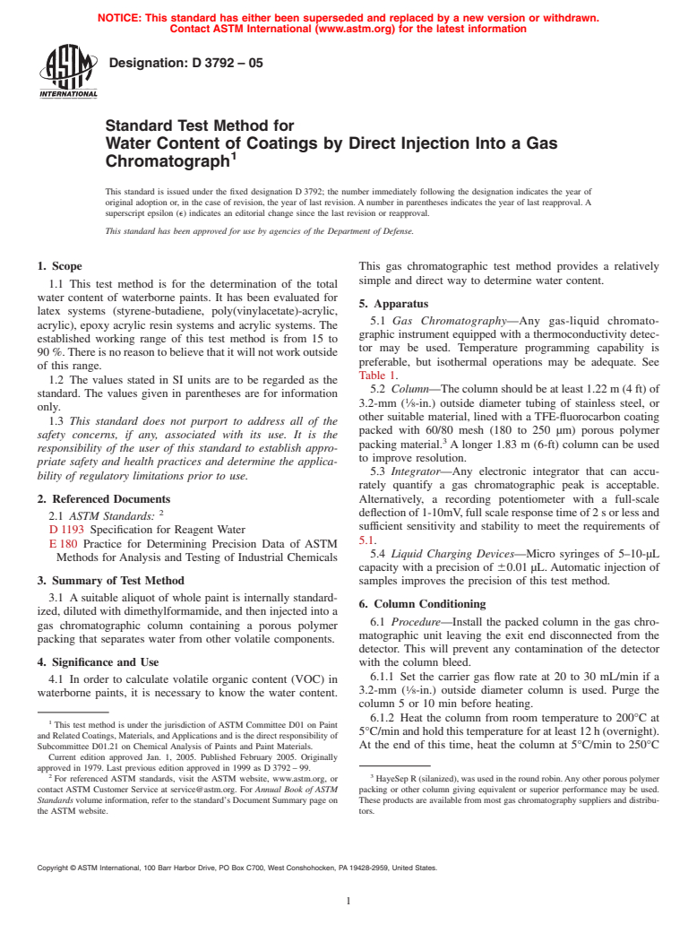 ASTM D3792-05 - Standard Test Method for Water Content of Coatings by Direct Injection Into a Gas Chromatograph