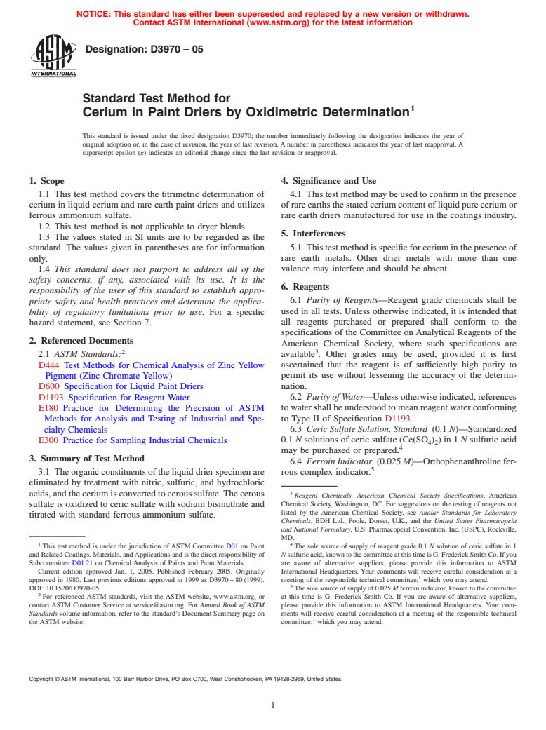 ASTM D3970-05 - Standard Test Method for Cerium in Paint Driers by Oxidimetric Determination