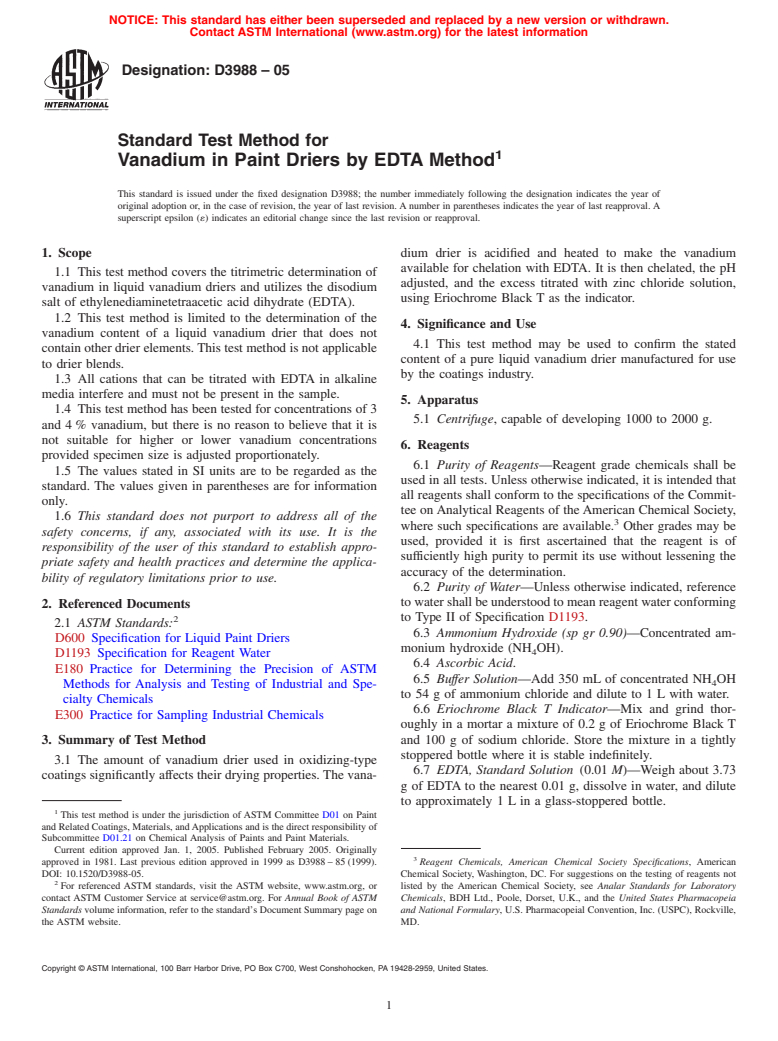 ASTM D3988-05 - Standard Test Method for Vanadium in Paint Driers by EDTA Method