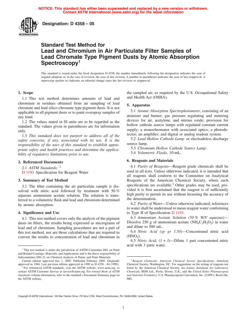 ASTM D4358-05 - Standard Test Method for Lead and Chromium in Air Particulate Filter Samples of Lead Chromate Type Pigment Dusts by Atomic Absorption Spectroscopy (Withdrawn 2006)