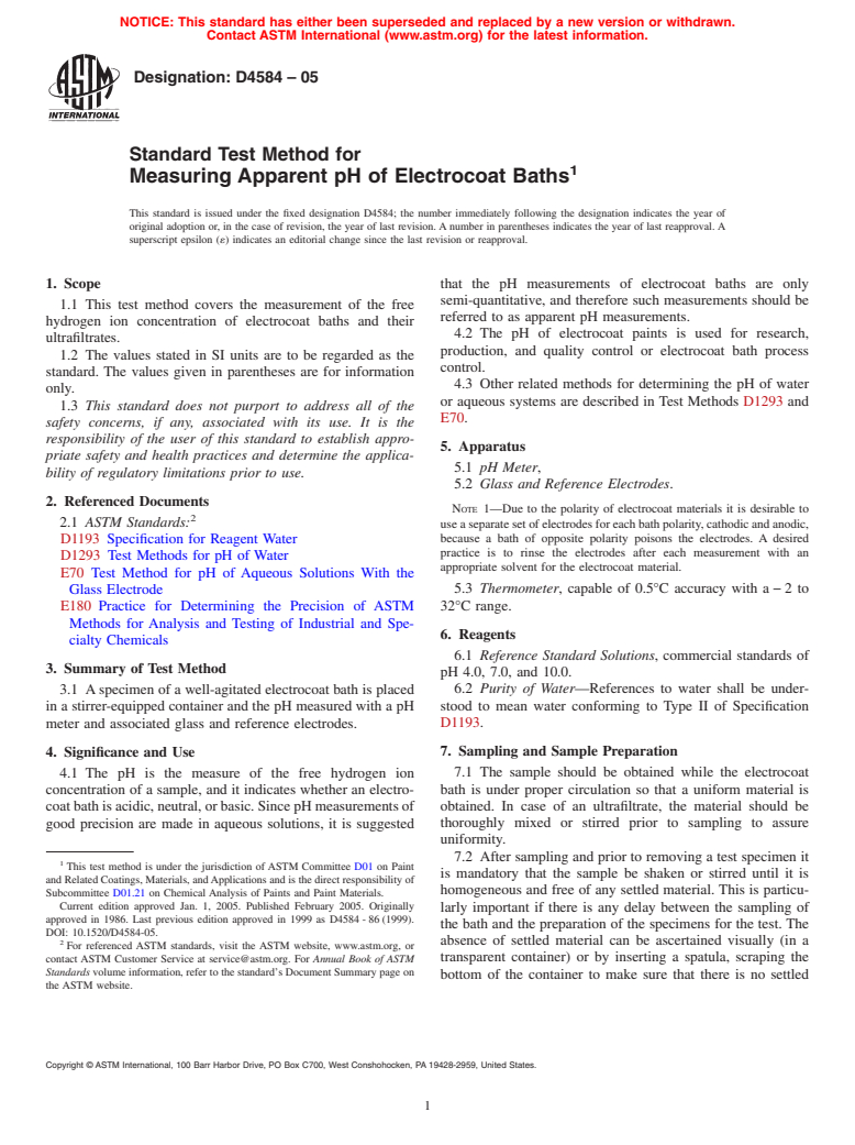 ASTM D4584-05 - Standard Test Method for Measuring Apparent pH of Electrocoat Baths