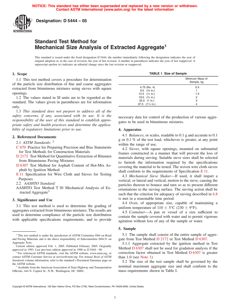 ASTM D5444-05 - Standard Test Method for Mechanical Size Analysis of Extracted Aggregate