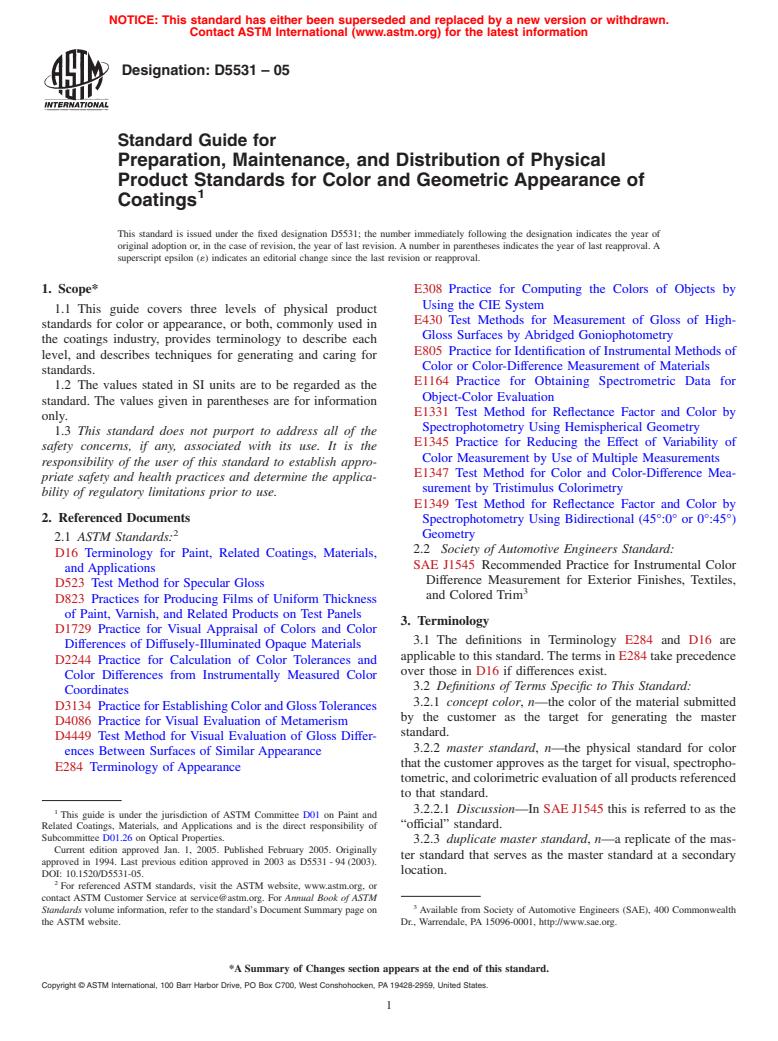 ASTM D5531-05 - Standard Guide for Preparation, Maintenance, and Distribution of Physical Product Standards for Color and Geometric Appearance of Coatings