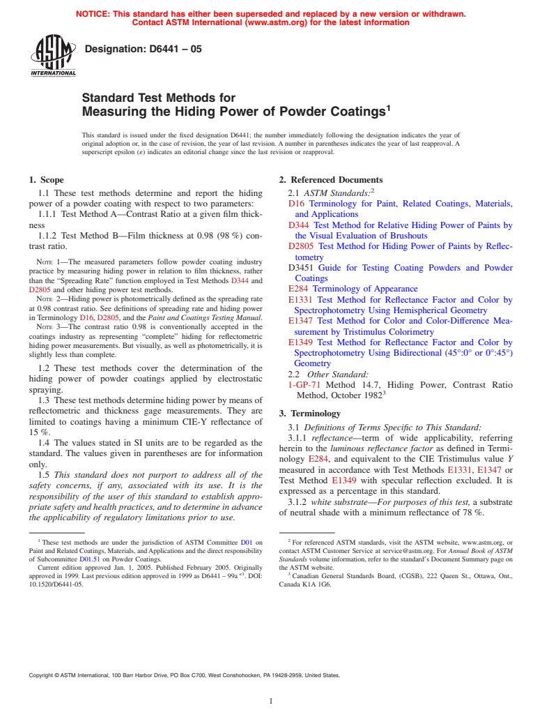 ASTM D6441-05 - Standard Test Methods for Measuring the Hiding Power of Powder Coatings