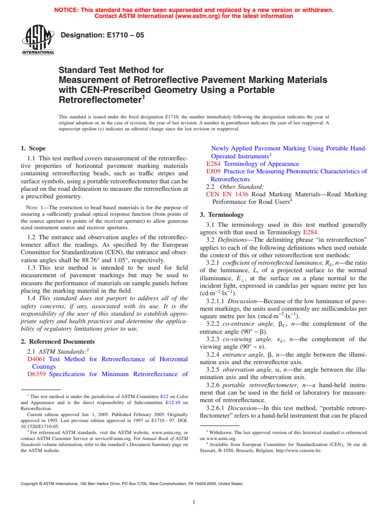 ASTM E1710-05 - Standard Test Method for Measurement of Retroreflective Pavement Marking Materials with CEN-Prescribed Geometry Using a Portable Retroreflectometer