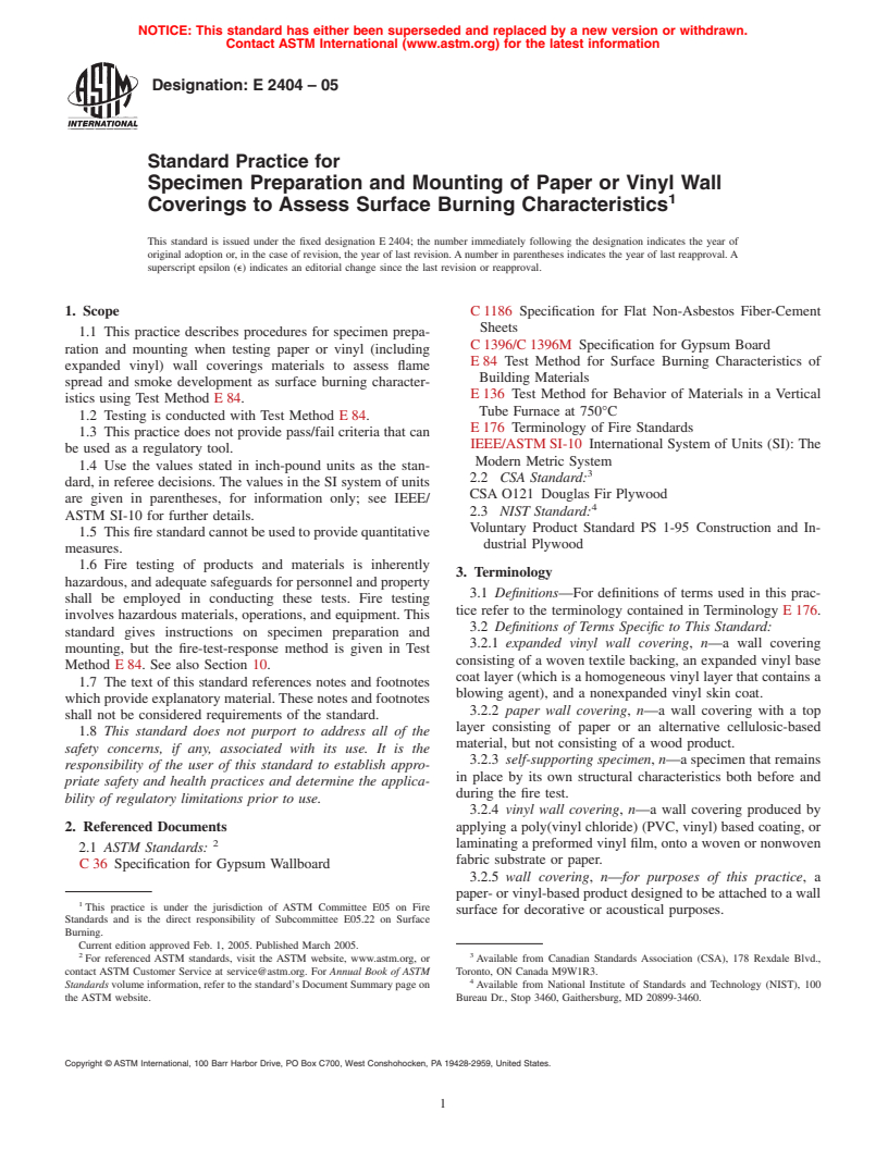 ASTM E2404-05 - Standard Practice for Specimen Preparation and Mounting of Paper or Vinyl Wall Coverings to Assess Surface Burning Characteristics