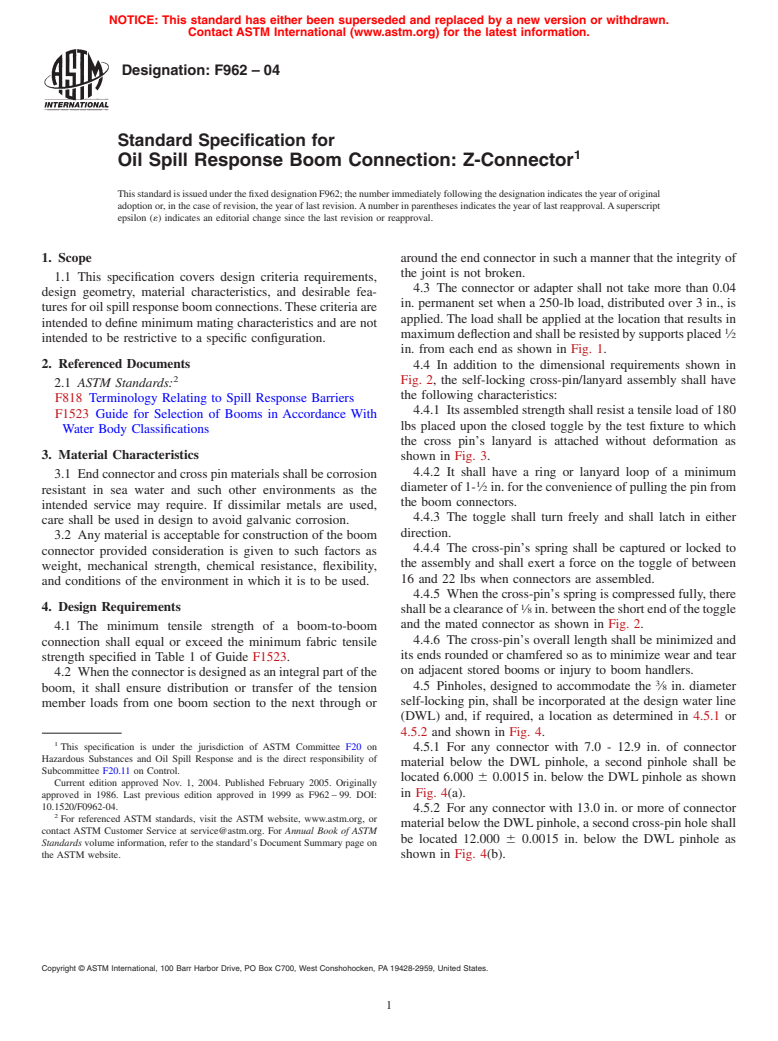 ASTM F962-04 - Standard Specification for Oil Spill Response Boom Connection: Z-Connector