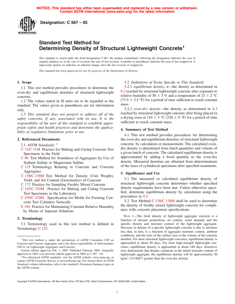 ASTM C567-05 - Standard Test Method for Determining Density of Structural Lightweight Concrete