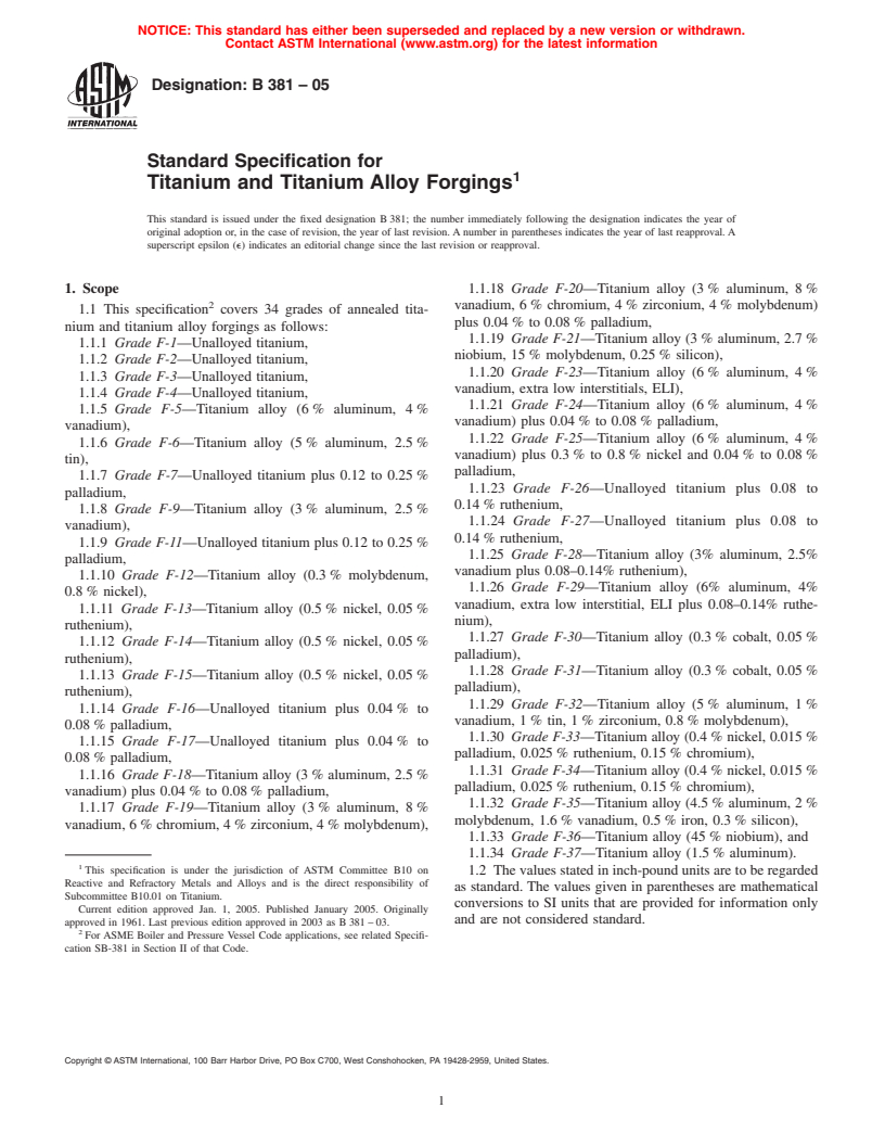 ASTM B381-05 - Standard Specification for Titanium and Titanium Alloy Forgings