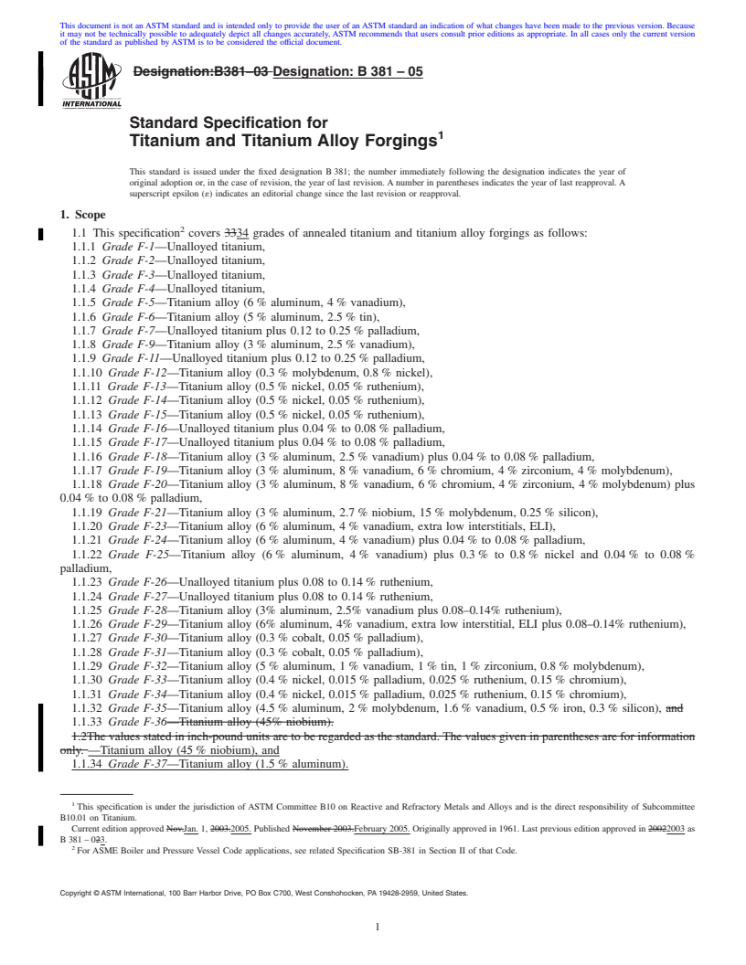 REDLINE ASTM B381-05 - Standard Specification for Titanium and Titanium Alloy Forgings