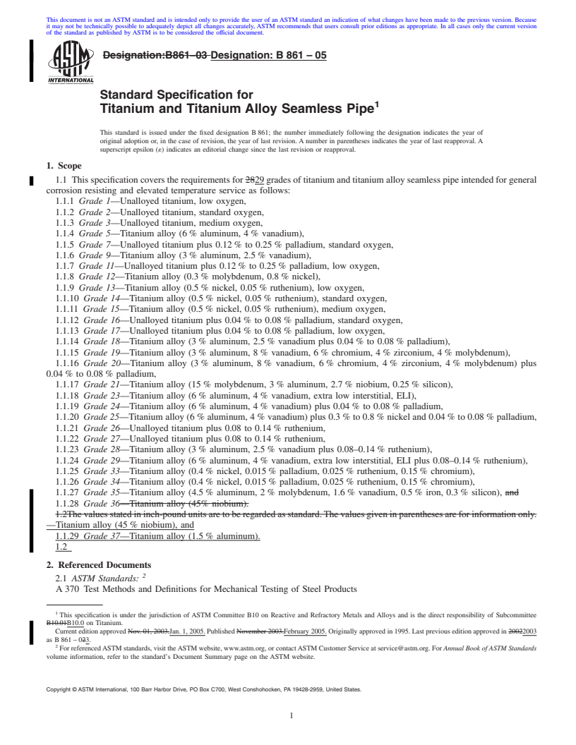 REDLINE ASTM B861-05 - Standard Specification for Titanium and Titanium Alloy Seamless Pipe