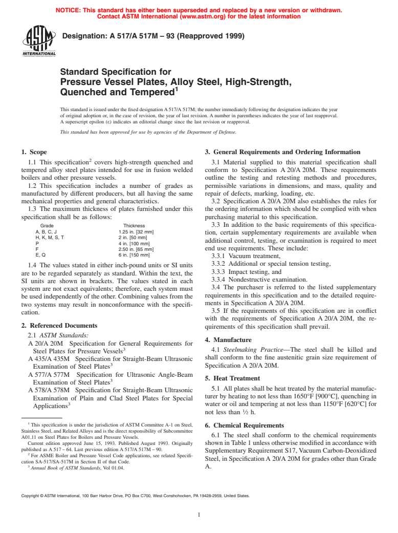 ASTM A517/A517M-93(1999) - Standard Specification for Pressure Vessel Plates, Alloy Steel, High-Strength, Quenched and Tempered