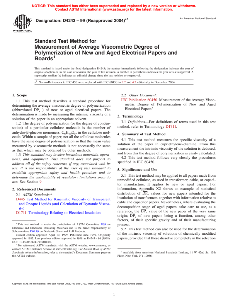 ASTM D4243-99(2004)e1 - Standard Test Method for Measurement of Average Viscometric Degree of Polymerization of New and Aged Electrical Papers and Boards