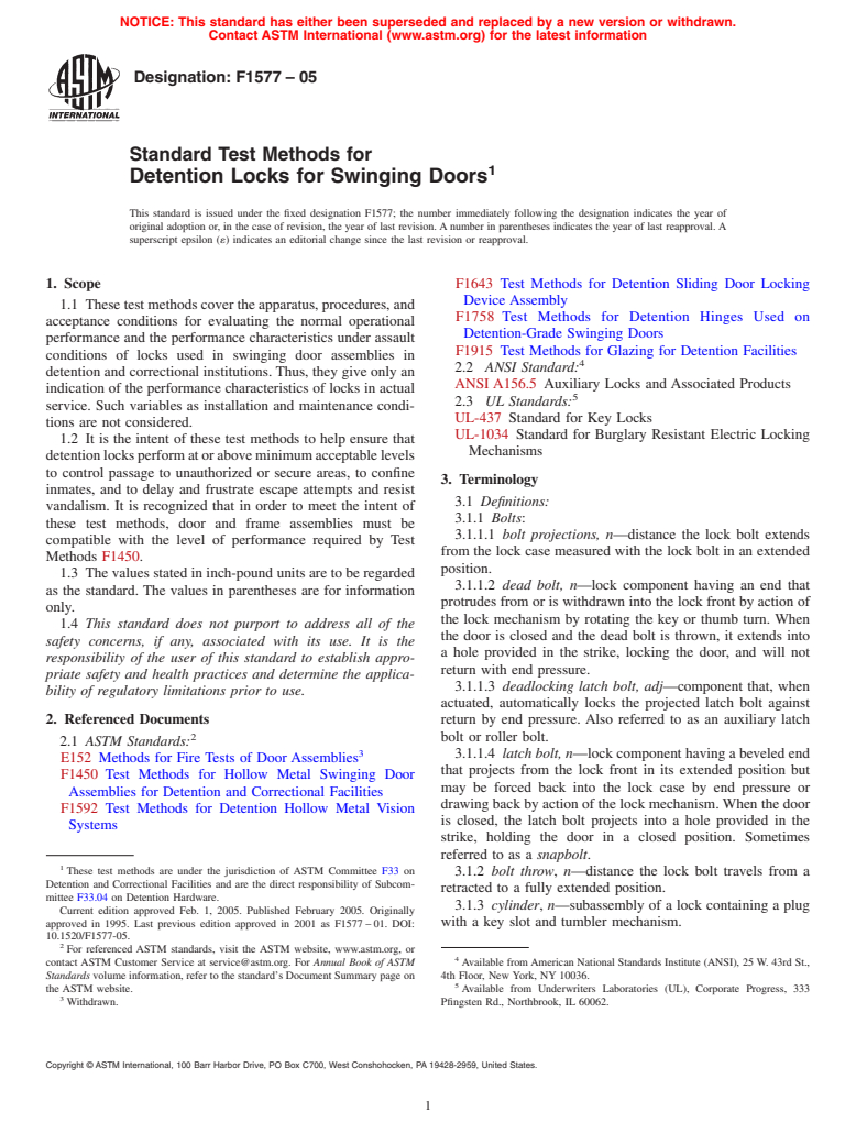 ASTM F1577-05 - Standard Test Methods for Detention Locks for Swinging Doors