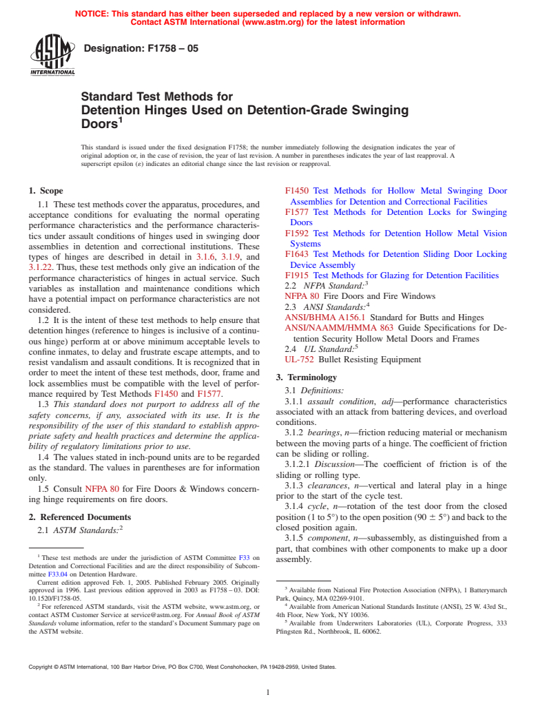 ASTM F1758-05 - Standard Test Methods for Detention Hinges Used on Detention-Grade Swinging Doors