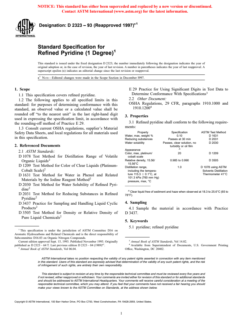 ASTM D232393(1997)e1 Standard Specification for Refined Pyridine (1