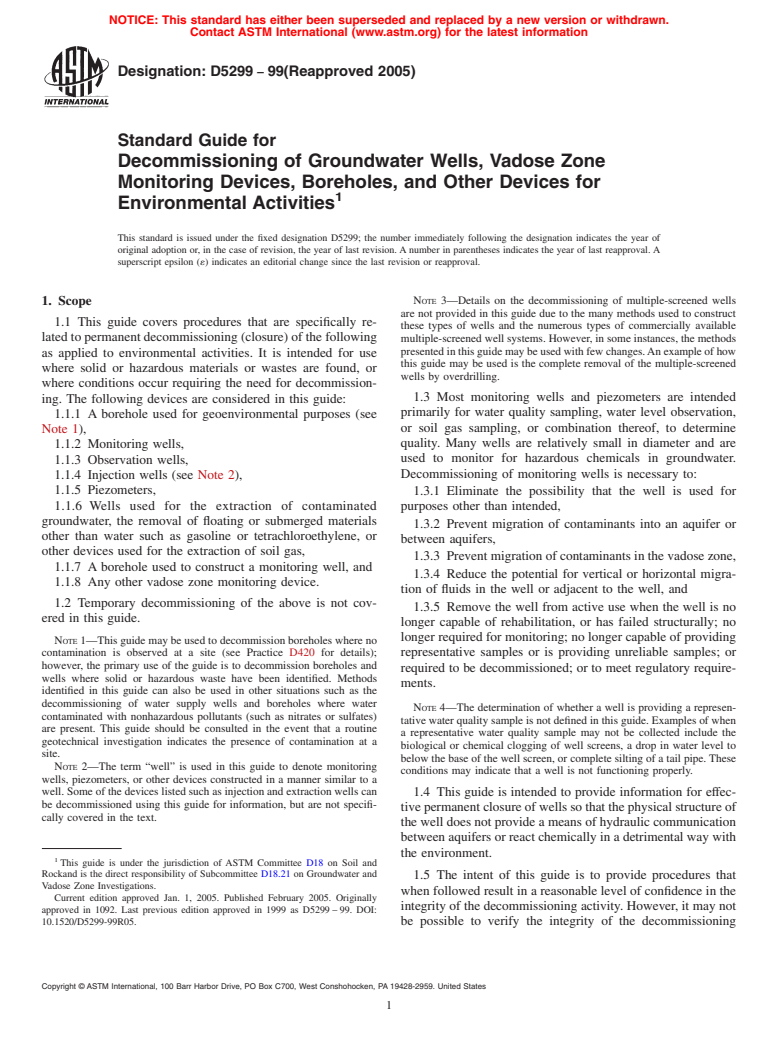 ASTM D5299-99(2005) - Standard Guide for Decommissioning of Groundwater Wells, Vadose Zone Monitoring Devices, Boreholes, and Other Devices for Environmental Activities