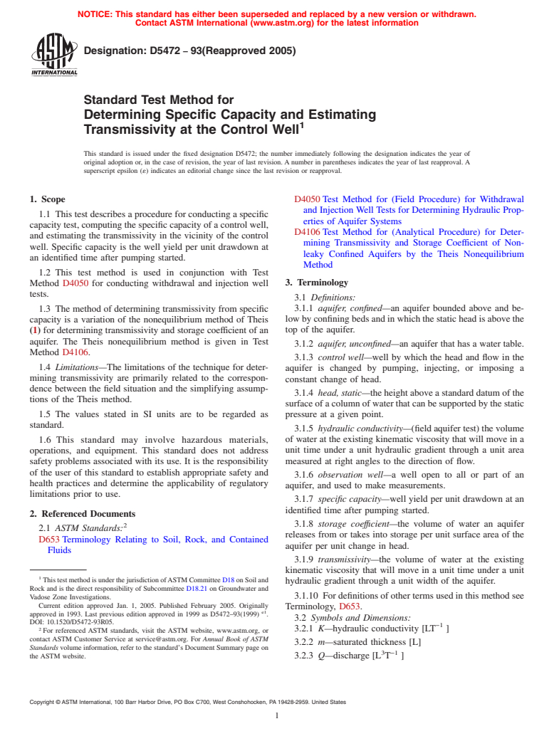 ASTM D5472-93(2005) - Standard Test Method for Determining Specific Capacity and Estimating Transmissivity at the Control Well (Withdrawn 2014)