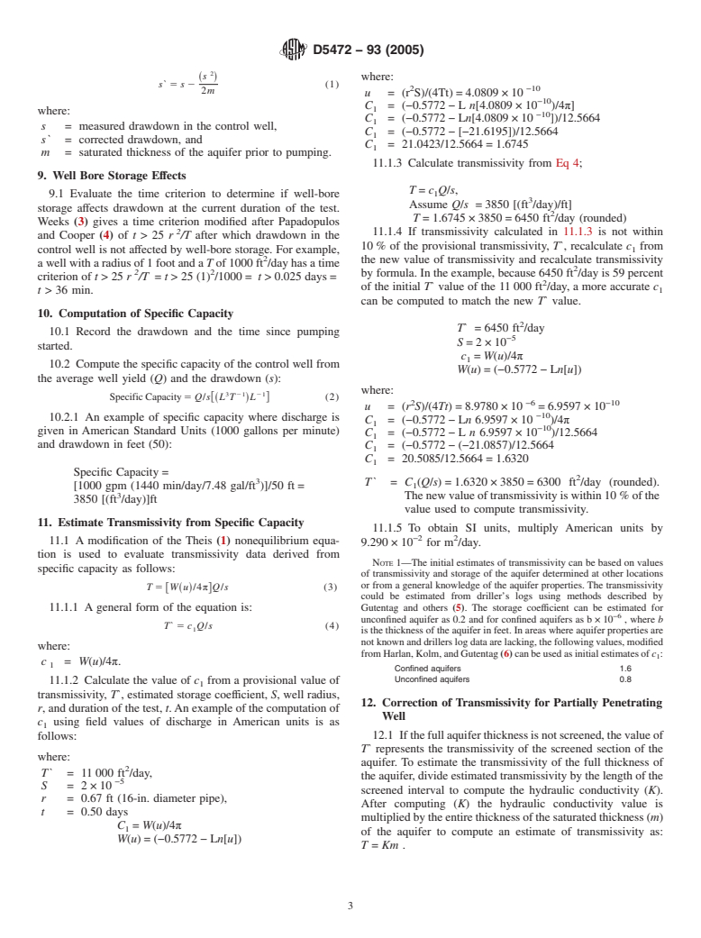 ASTM D5472-93(2005) - Standard Test Method for Determining Specific Capacity and Estimating Transmissivity at the Control Well (Withdrawn 2014)