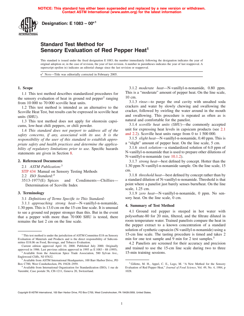 ASTM E1083-00e1 - Standard Test Method for Sensory Evalution of Red Pepper Heat