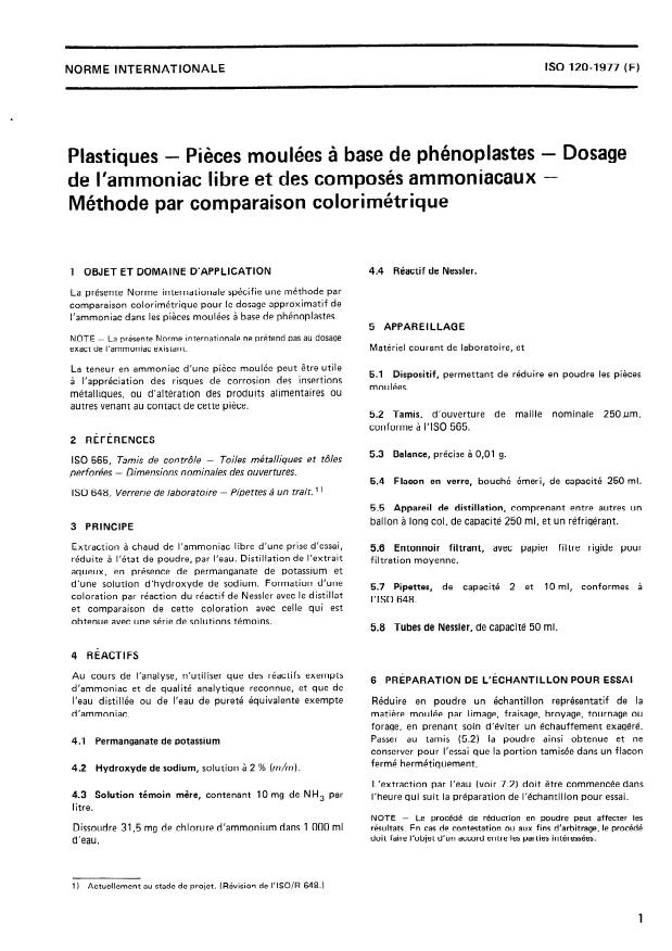 ISO 120:1977 - Plastiques -- Pieces moulées a base de phénoplastes -- Dosage de l'ammoniac libre et des composés ammoniacaux -- Méthode par comparaison colorimétrique
