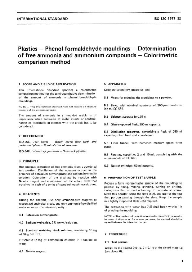 ISO 120:1977 - Plastics -- Phenol-formaldehyde mouldings -- Determination of free ammonia and ammonium compounds -- Colorimetric comparison method