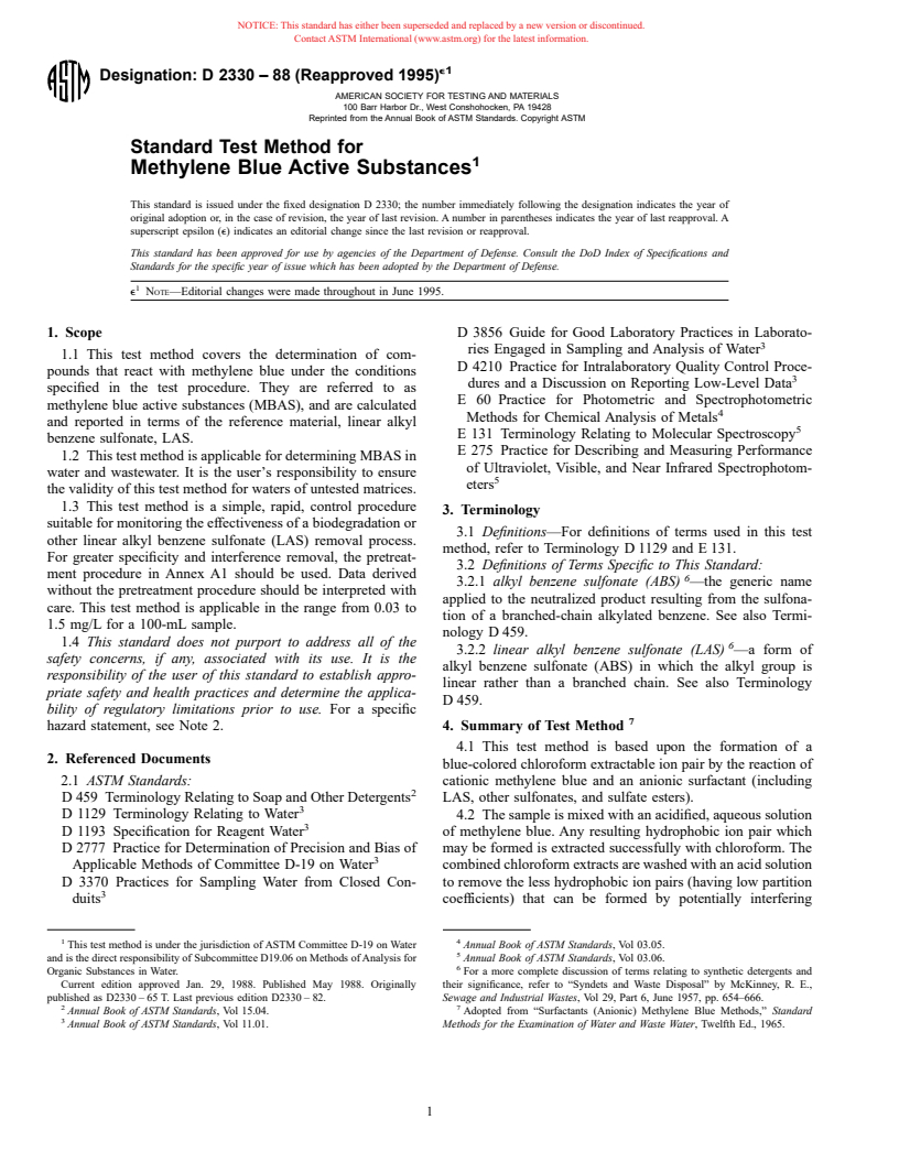 ASTM D2330-88(1995)e1 - Standard Test Method for Methylene Blue Active Substances