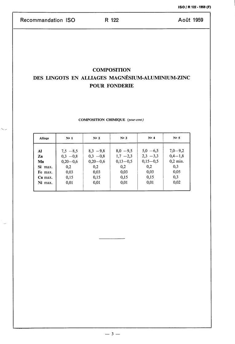 ISO/R 122:1959 - Composition of magnesium-aluminium-zinc alloy ingots for casting purposes
Released:1/1/1959