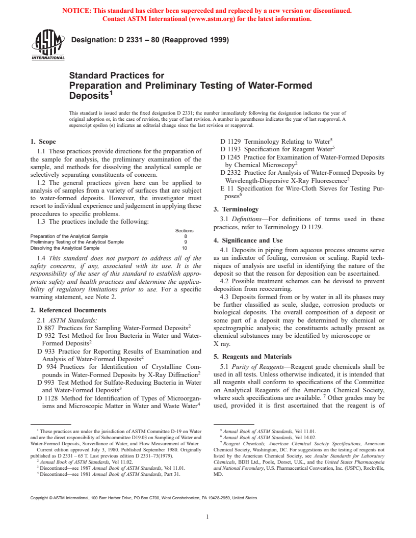 ASTM D2331-80(1999) - Standard Practices for Preparation and Preliminary Testing of Water-Formed Deposits