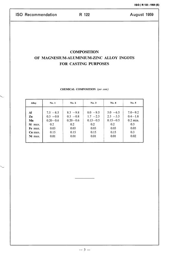 ISO/R 122:1959 - Composition of magnesium-aluminium-zinc alloy ingots for casting purposes