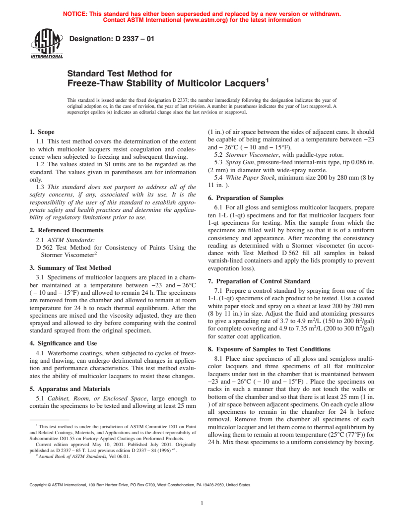 ASTM D2337-01 - Standard Test Method for Freeze-Thaw Stability of Multicolor Lacquers