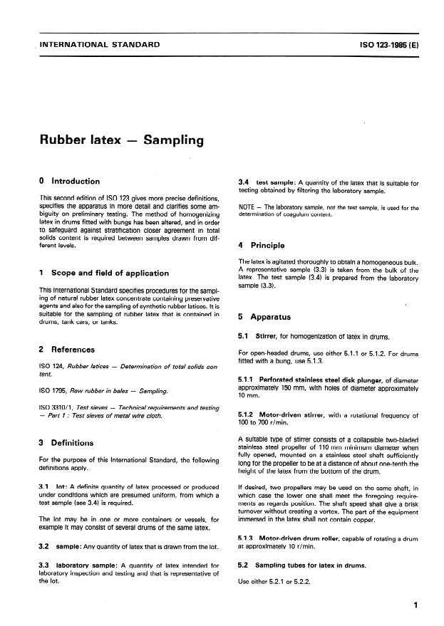 ISO 123:1985 - Rubber latex -- Sampling